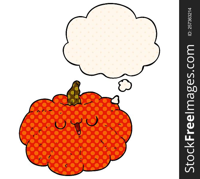 happy cartoon pumpkin with thought bubble in comic book style