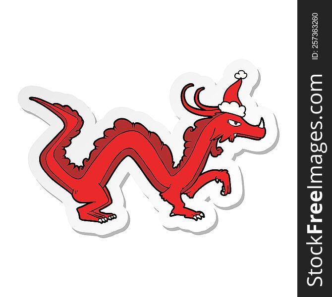 hand drawn sticker cartoon of a dragon wearing santa hat