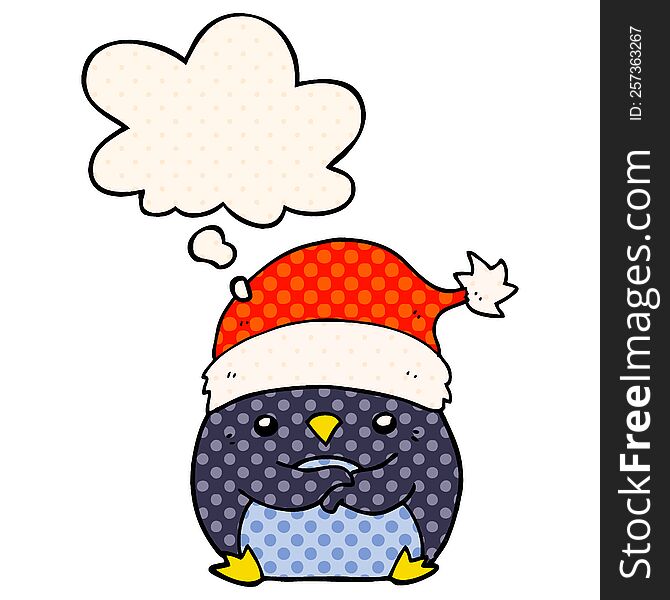 Cute Cartoon Penguin Wearing Christmas Hat And Thought Bubble In Comic Book Style