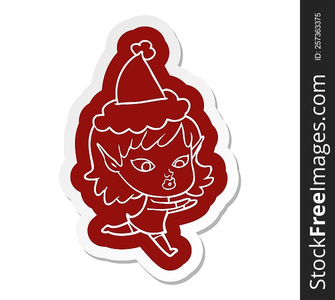 Pretty Cartoon  Sticker Of A Elf Girl Wearing Santa Hat