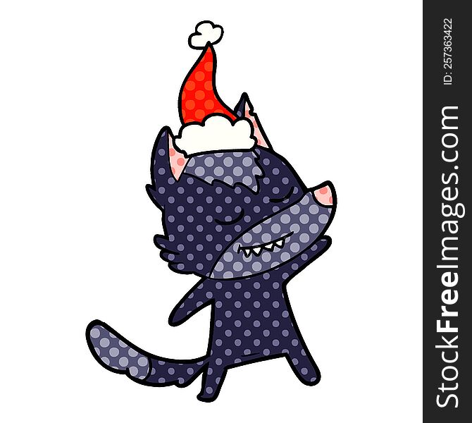 friendly hand drawn comic book style illustration of a wolf wearing santa hat