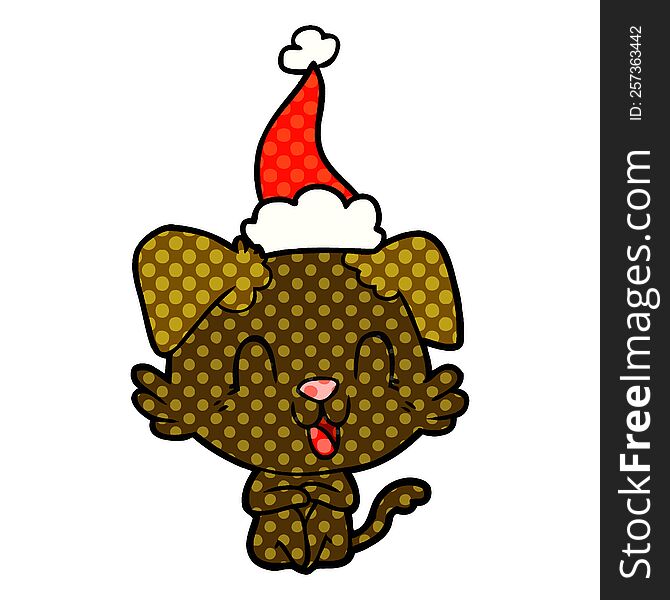 laughing hand drawn comic book style illustration of a dog wearing santa hat