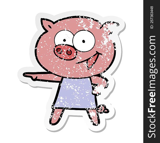 distressed sticker of a cheerful pig in dress pointing cartoon