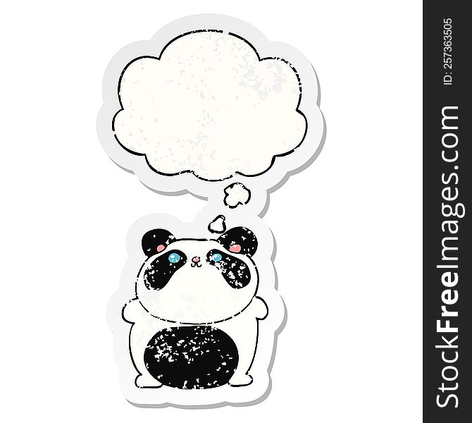 cartoon panda with thought bubble as a distressed worn sticker