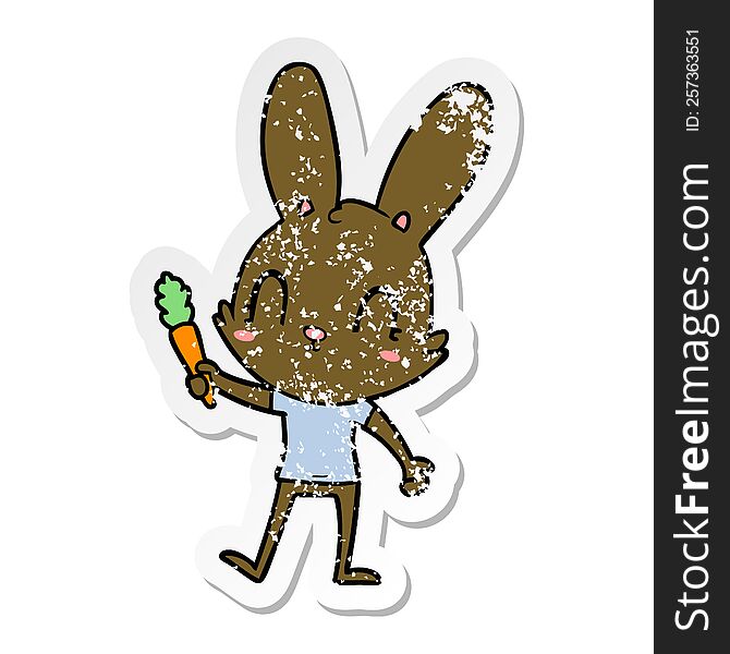 distressed sticker of a cute cartoon rabbit with carrot