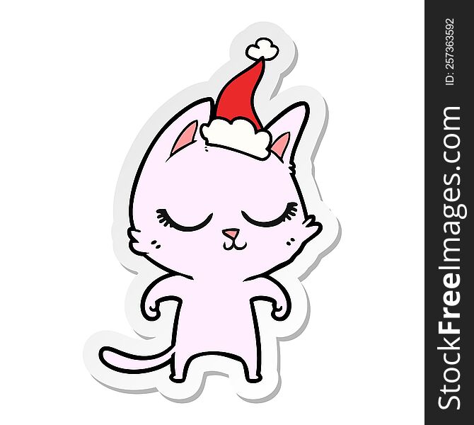 Calm Sticker Cartoon Of A Cat Wearing Santa Hat