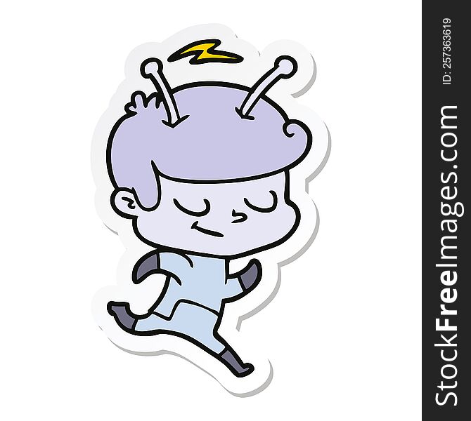 Sticker Of A Friendly Cartoon Spaceman Running