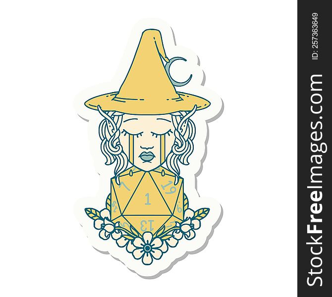 Crying Elf Witch With Natural One D20 Roll Sticker
