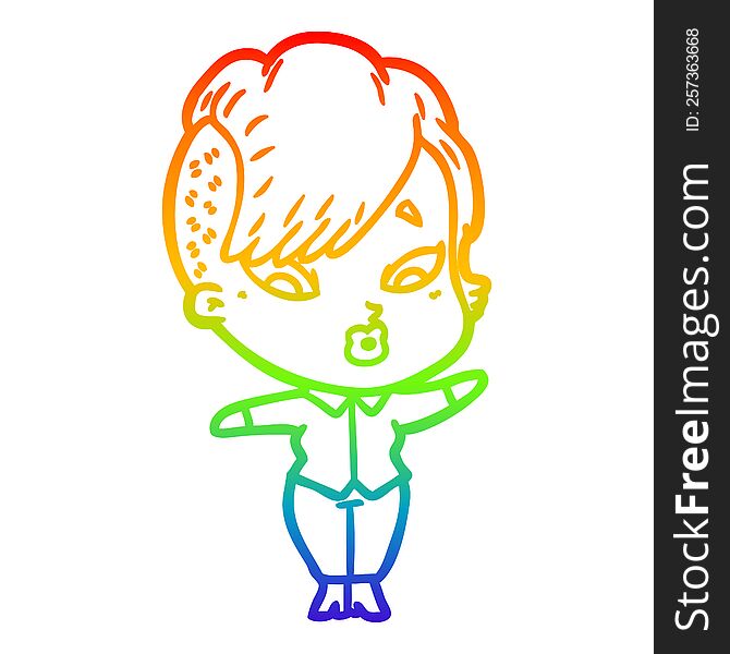 Rainbow Gradient Line Drawing Cartoon Surprised Girl