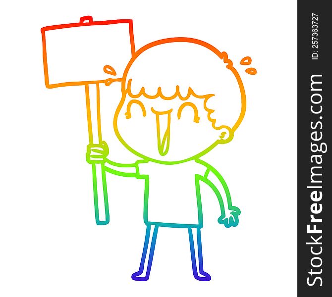 rainbow gradient line drawing laughing cartoon man waving placard