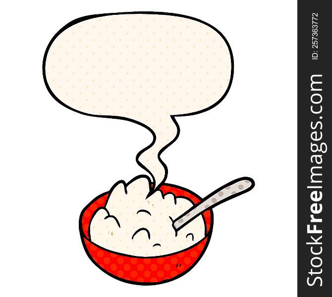 cartoon bowl of porridge with speech bubble in comic book style