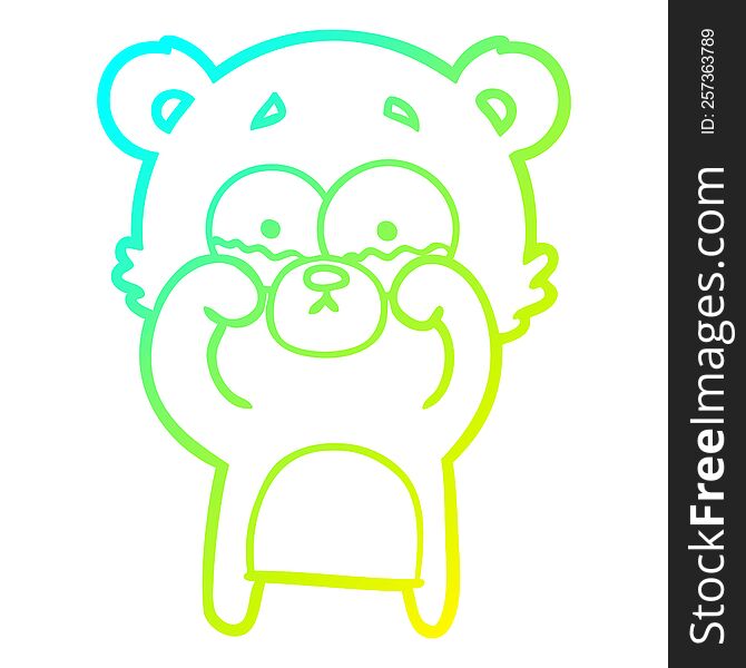 Cold Gradient Line Drawing Cartoon Crying Bear Rubbing Eyes