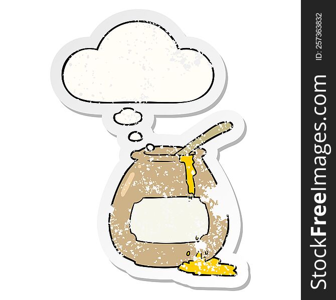 cartoon honey pot with thought bubble as a distressed worn sticker