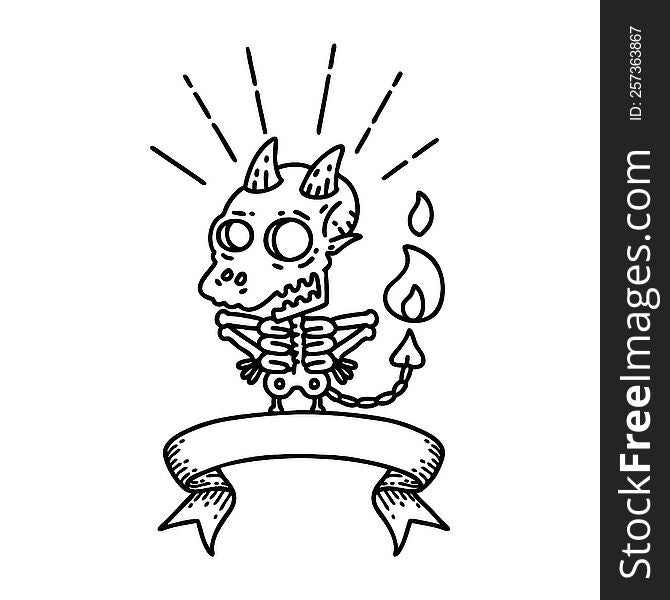 scroll banner with black line work tattoo style skeleton demon character