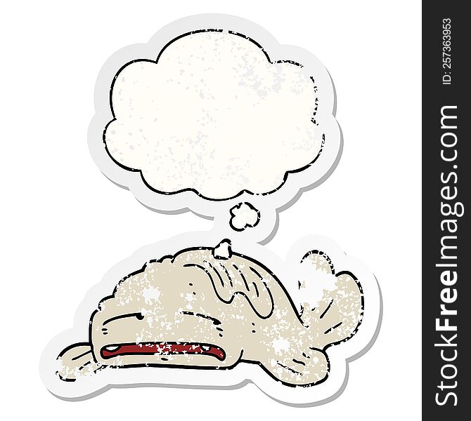 cartoon sad old fish with thought bubble as a distressed worn sticker