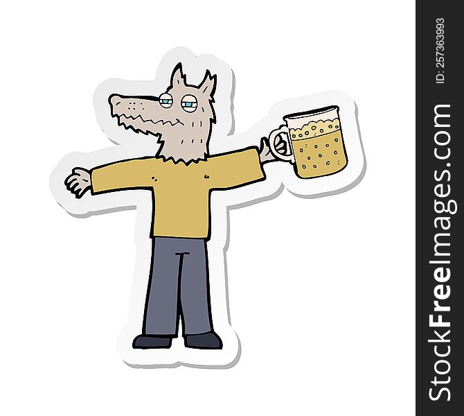 sticker of a cartoon wolf man drinking beer