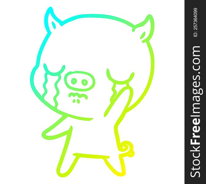cold gradient line drawing of a cartoon pig crying waving goodbye