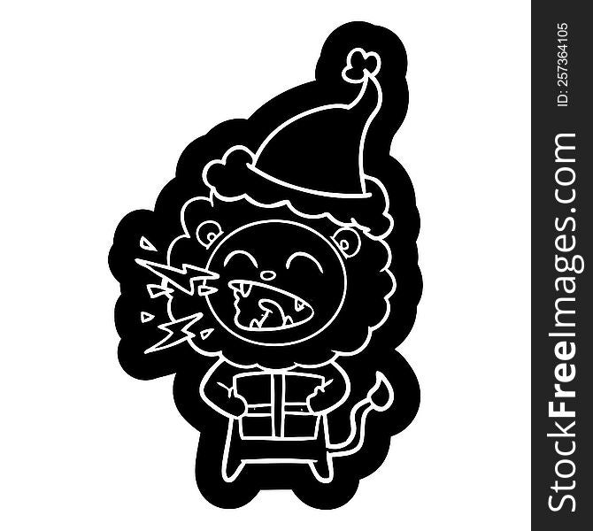 Cartoon Icon Of A Roaring Lion With Gift Wearing Santa Hat