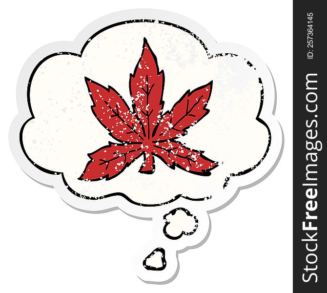 cartoon marijuana leaf with thought bubble as a distressed worn sticker