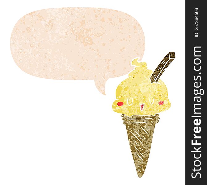 Cute Cartoon Ice Cream And Speech Bubble In Retro Textured Style