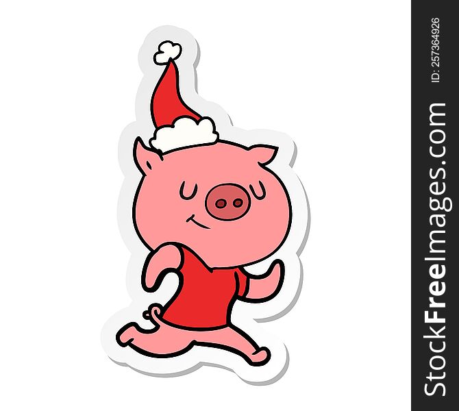 Happy Sticker Cartoon Of A Pig Running Wearing Santa Hat