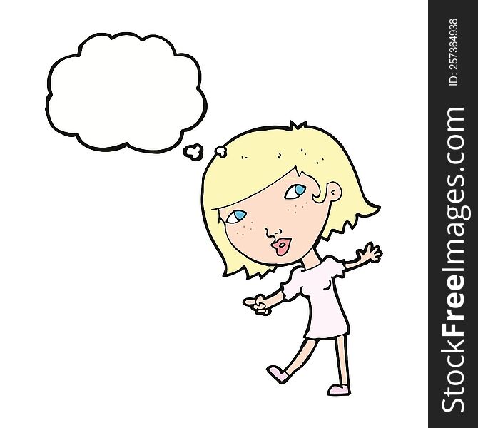 Cartoon Happy Girl Gesturing To Follow With Thought Bubble