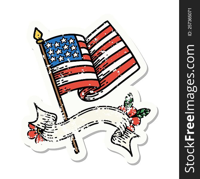 grunge sticker with banner of the american flag