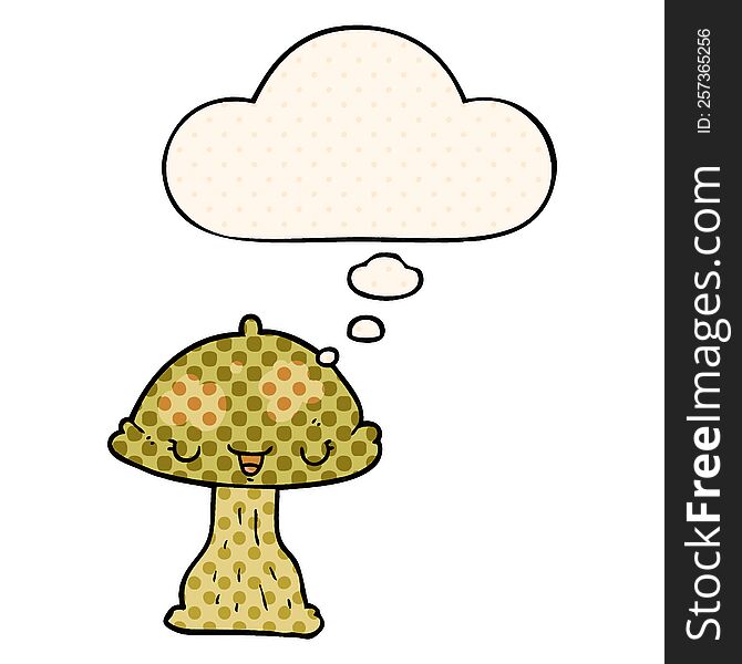 cartoon toadstool with thought bubble in comic book style