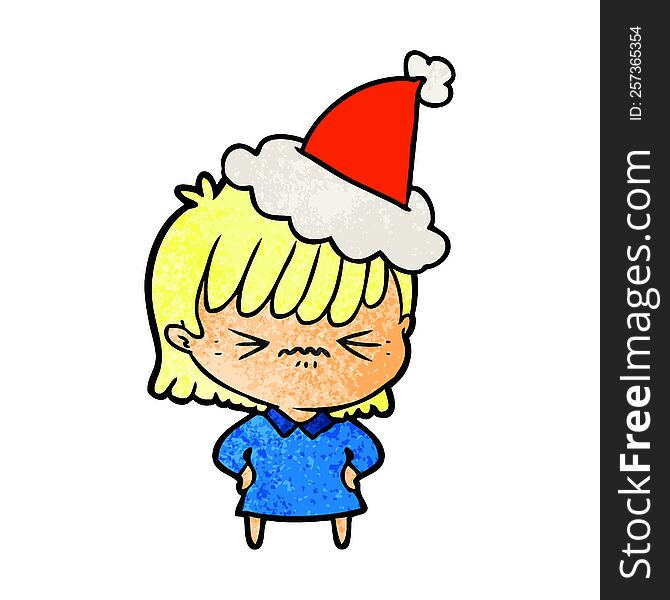 Annoyed Textured Cartoon Of A Girl Wearing Santa Hat