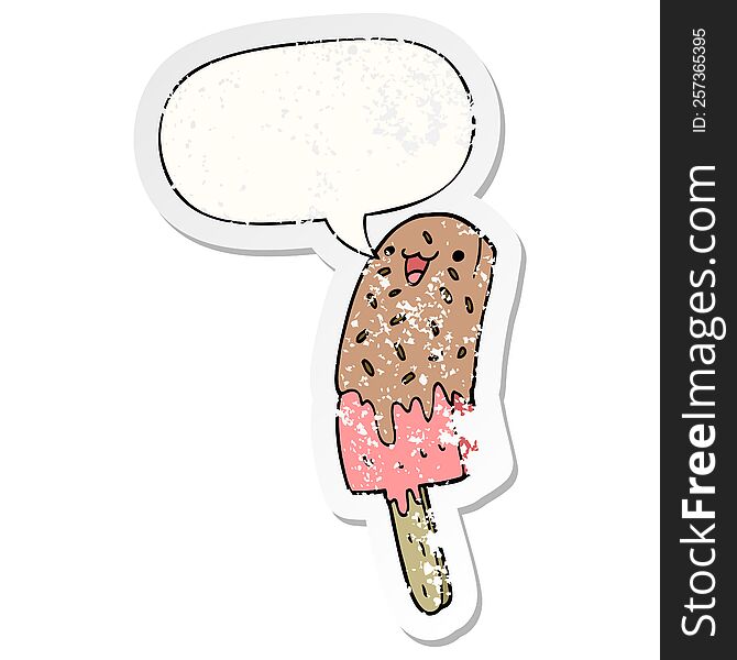 Cute Cartoon Happy Ice Lolly And Speech Bubble Distressed Sticker