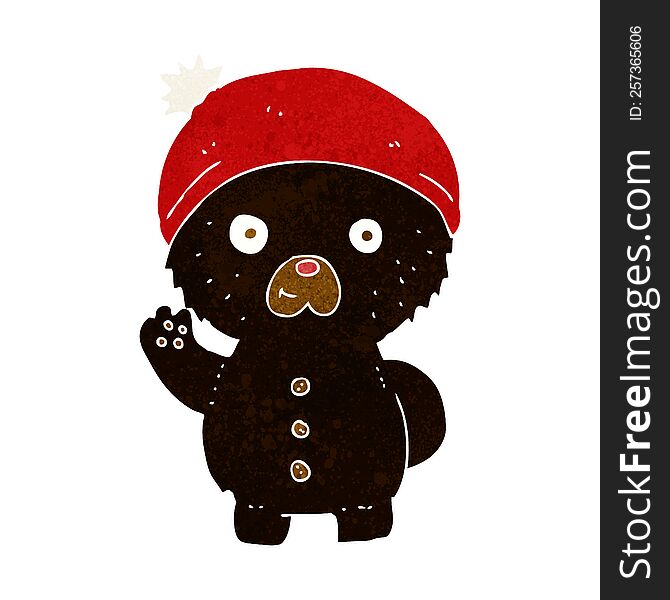 cartoon waving black teddy bear in winter hat