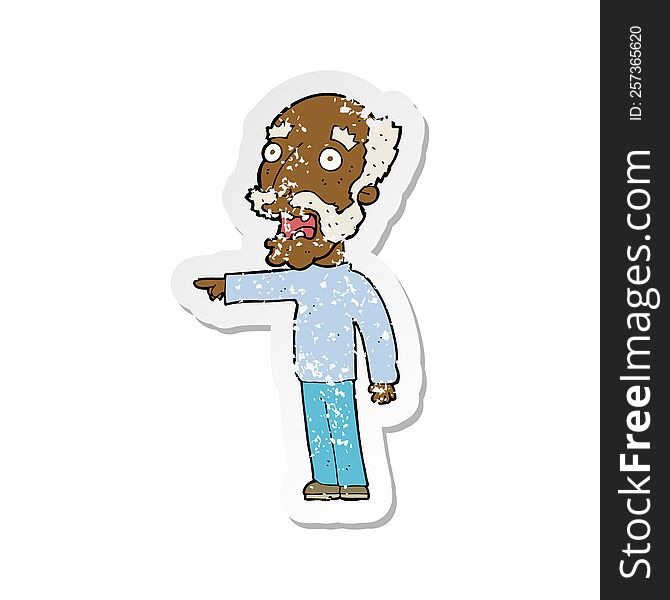 Retro Distressed Sticker Of A Cartoon Scared Old Man Pointing