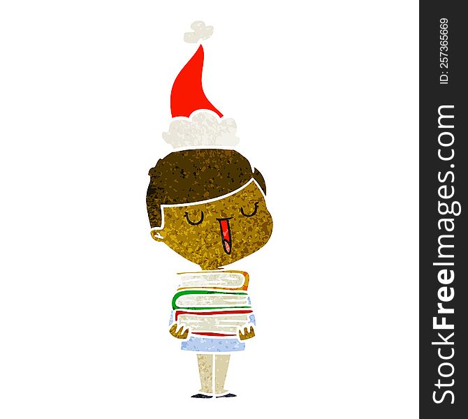 hand drawn retro cartoon of a happy boy with stack of books wearing santa hat