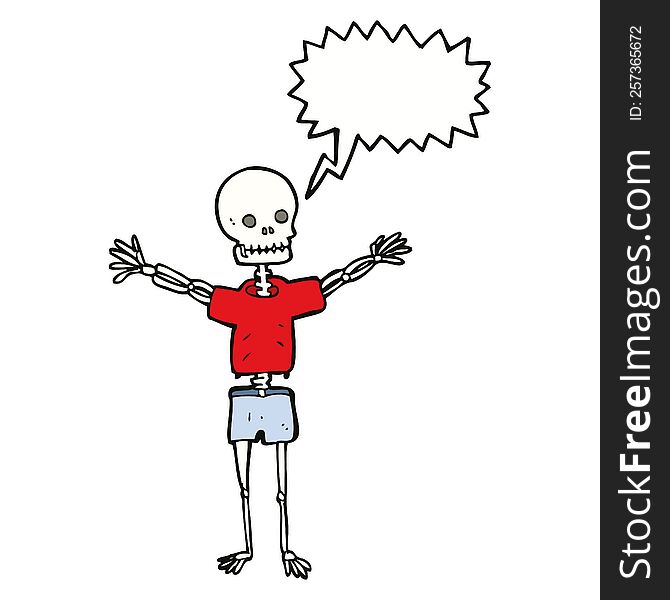 cartoon skeleton in clothes with speech bubble
