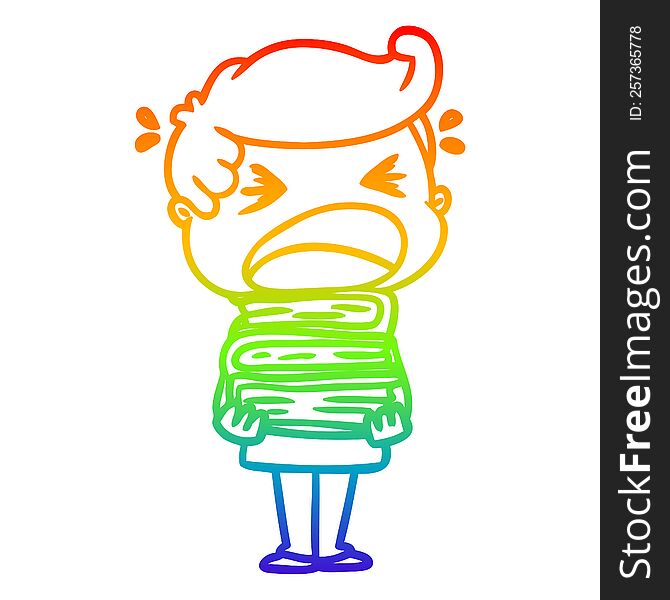 Rainbow Gradient Line Drawing Cartoon Shouting Man With Stack Of Books