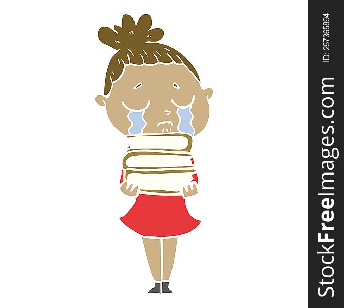 flat color style cartoon crying woman with stack of books