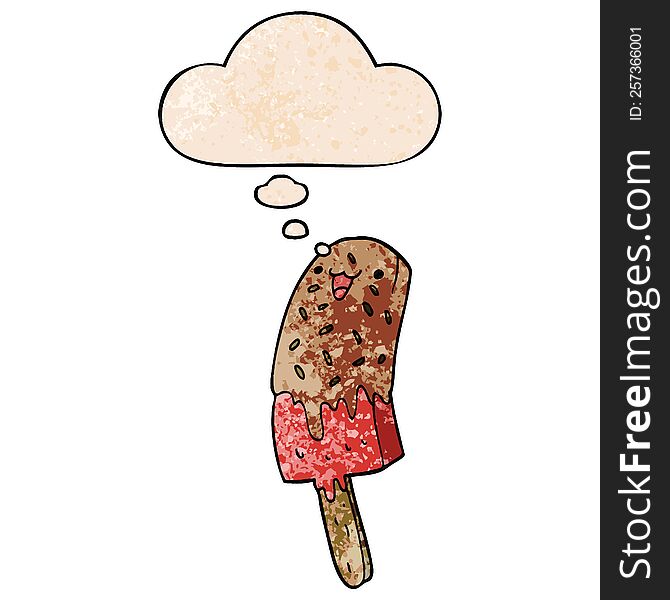 Cute Cartoon Happy Ice Lolly And Thought Bubble In Grunge Texture Pattern Style