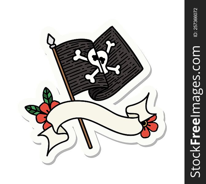 tattoo style sticker with banner of pirate flag. tattoo style sticker with banner of pirate flag