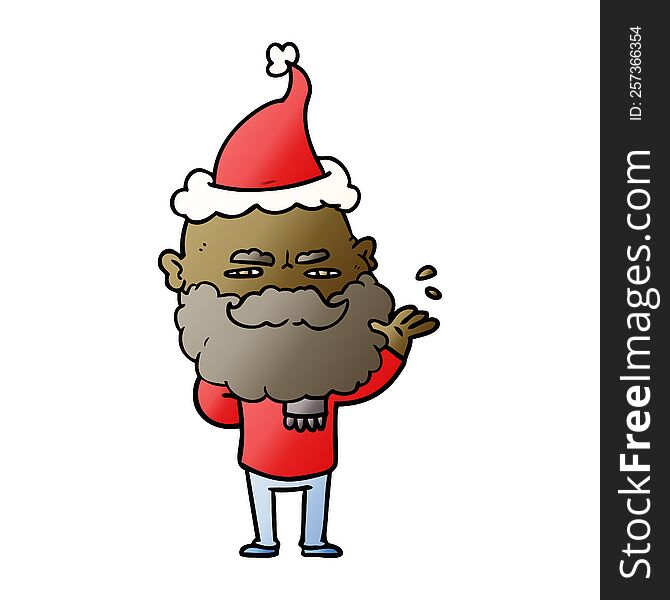 Gradient Cartoon Of A Dismissive Man With Beard Frowning Wearing Santa Hat