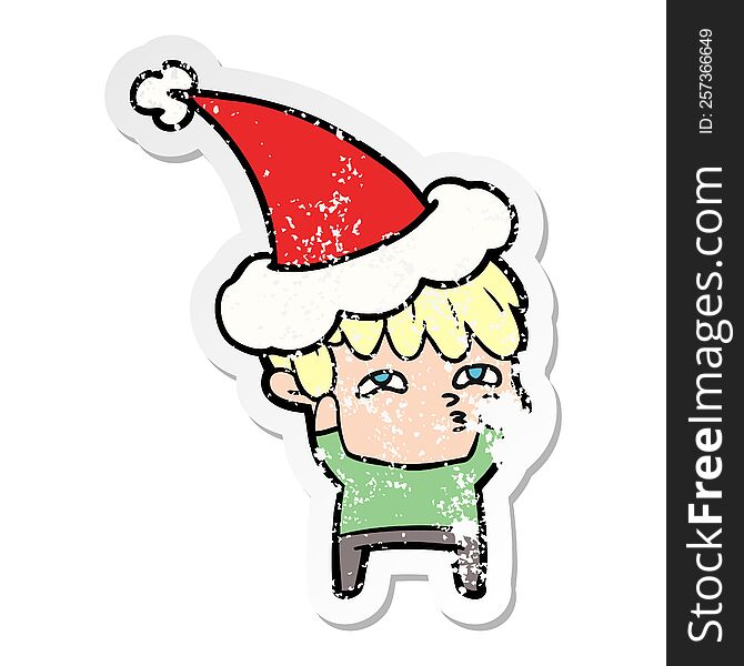 Distressed Sticker Cartoon Of A Curious Man Wearing Santa Hat