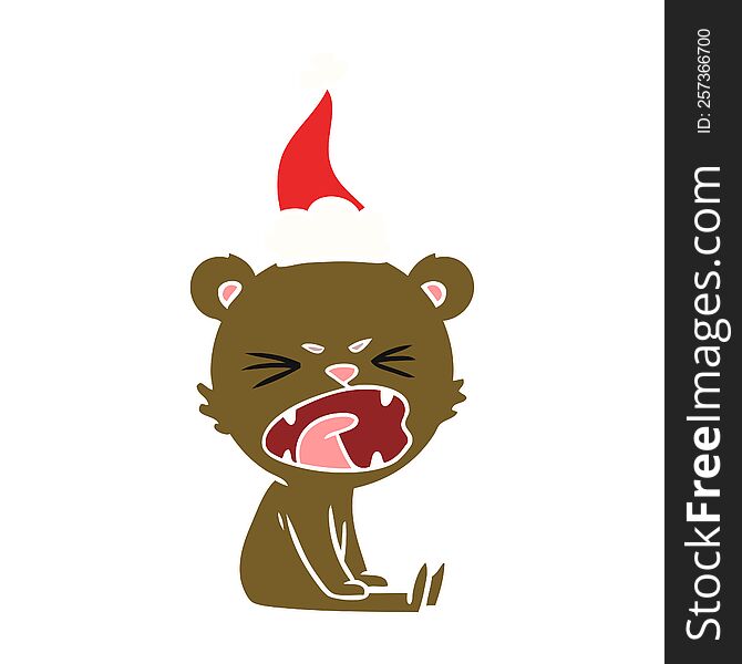 Angry Flat Color Illustration Of A Bear Wearing Santa Hat