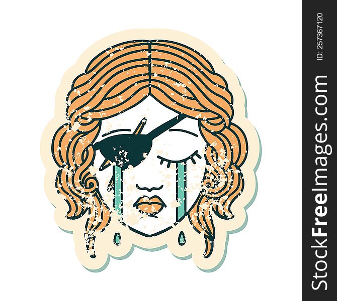 grunge sticker of a crying human rogue character. grunge sticker of a crying human rogue character