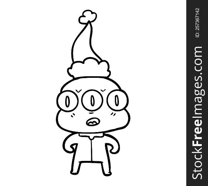 line drawing of a three eyed alien wearing santa hat