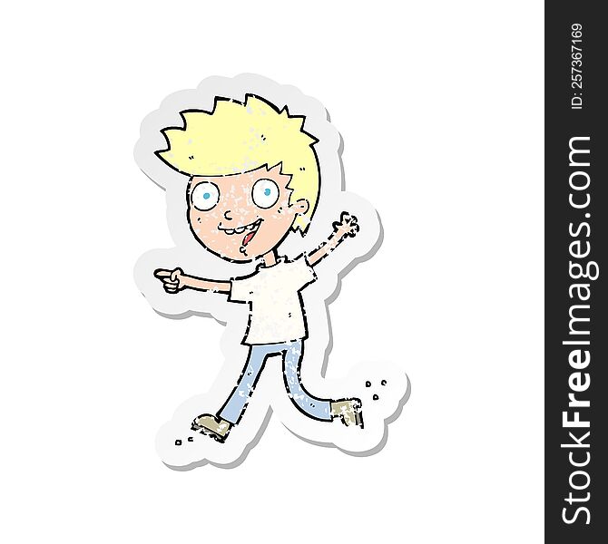 Retro Distressed Sticker Of A Cartoon Crazy Excited Boy