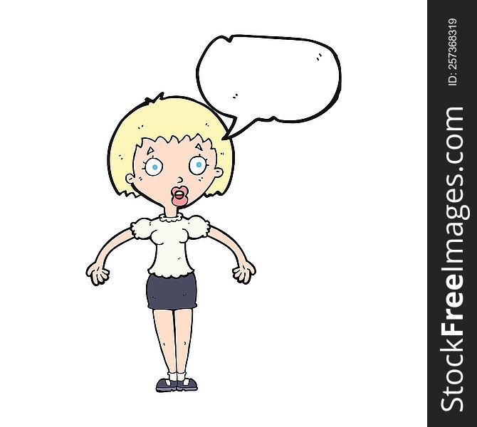 cartoon confused woman shrugging shoulders with speech bubble