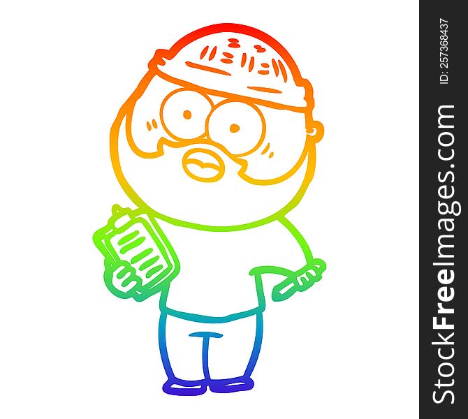 rainbow gradient line drawing of a cartoon bearded man with clipboard and pen