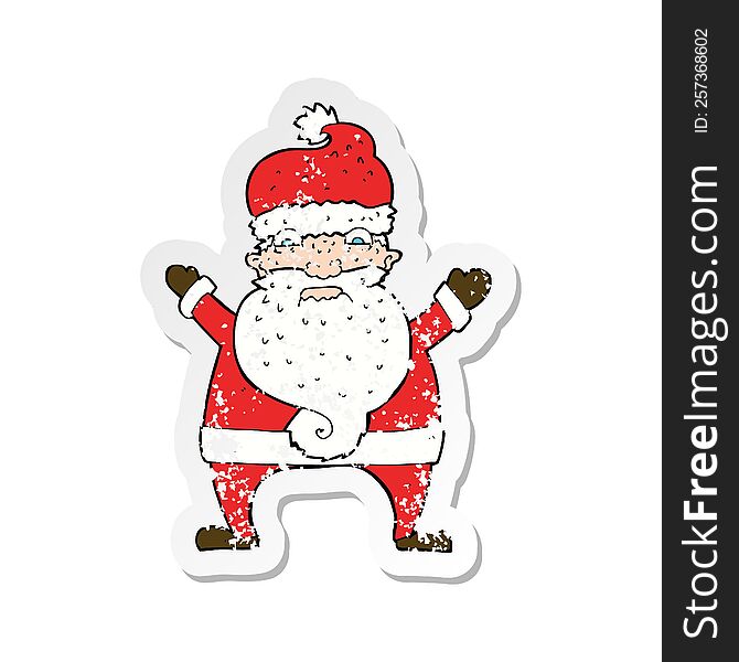retro distressed sticker of a cartoon stressed out santa