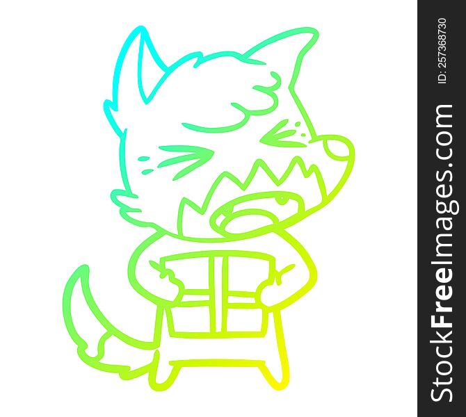 cold gradient line drawing of a angry cartoon fox with christmas present