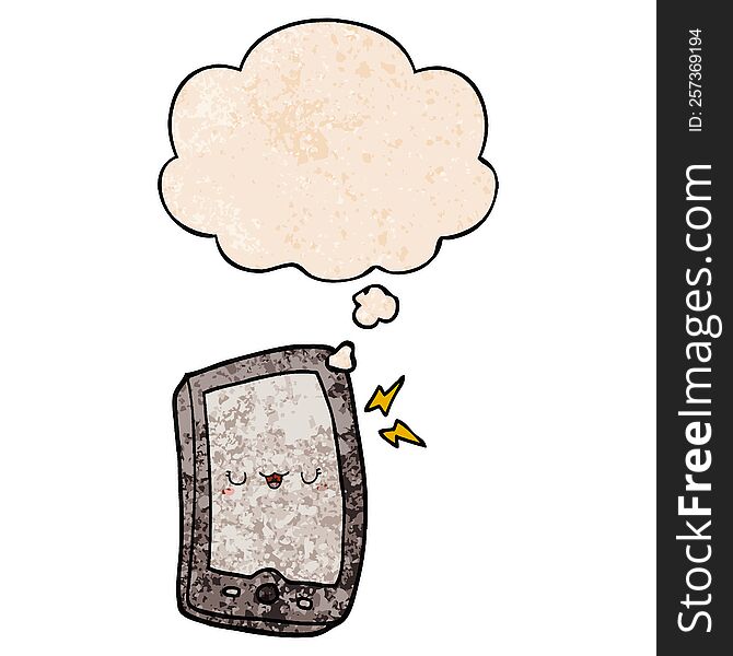 Cute Cartoon Mobile Phone And Thought Bubble In Grunge Texture Pattern Style