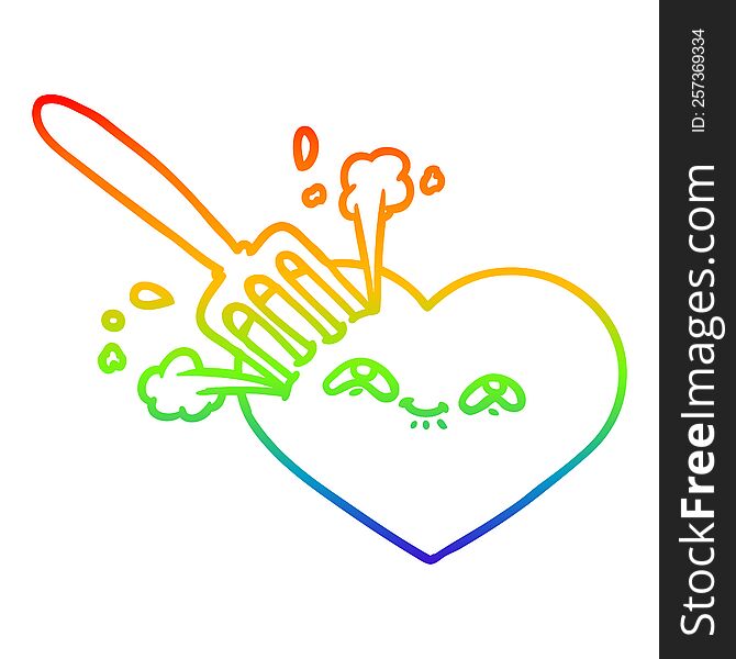 rainbow gradient line drawing of a cartoon love heart stuck with fork